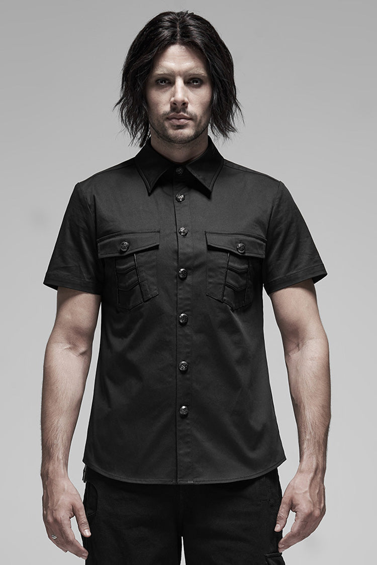 Black Lapel Collar Short Sleeves Punk Blouse