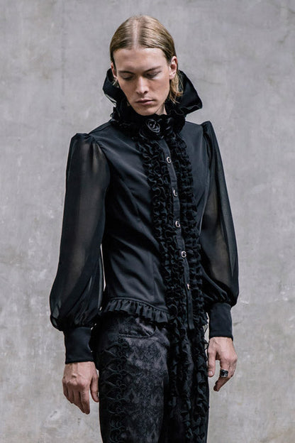 Black High Collar Lace Up Dovetail Hem Gothic Blouse
