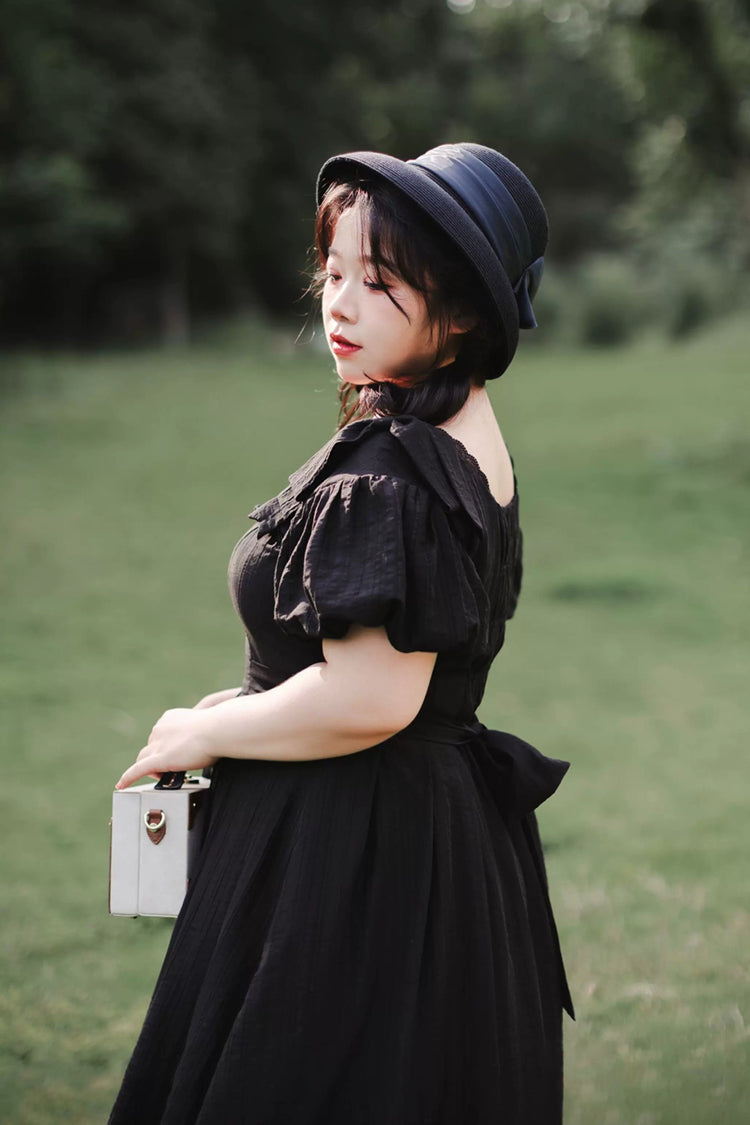 Black [forest Gallery] Square Collar Short Sleeves Ruffled Bow Classic Lolita Dress