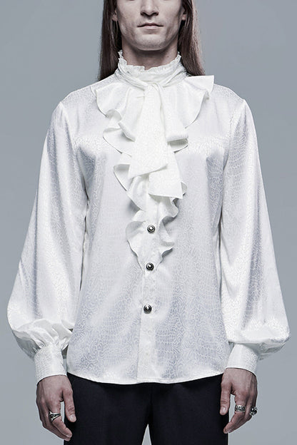 White Gothic Jacquard High Collar Front Chest Flounce Retro Metal Button Lantern Sleeve Shirt