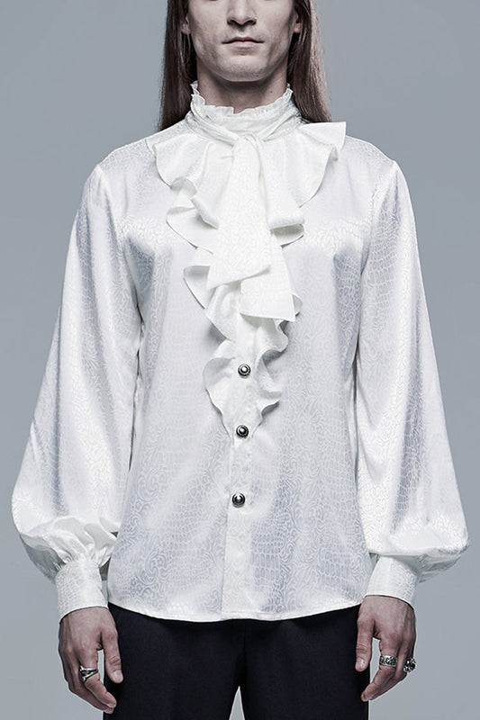 White Gothic Jacquard High Collar Front Chest Flounce Retro Metal Button Lantern Sleeve Shirt