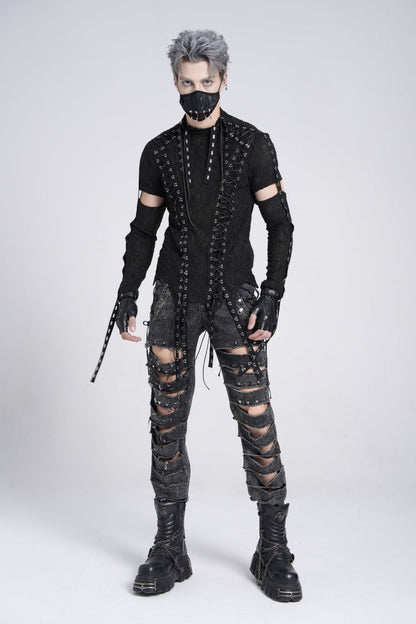 Black Long Sleeves Strap Lace-up Irregular Mesh Gothic T-shirt