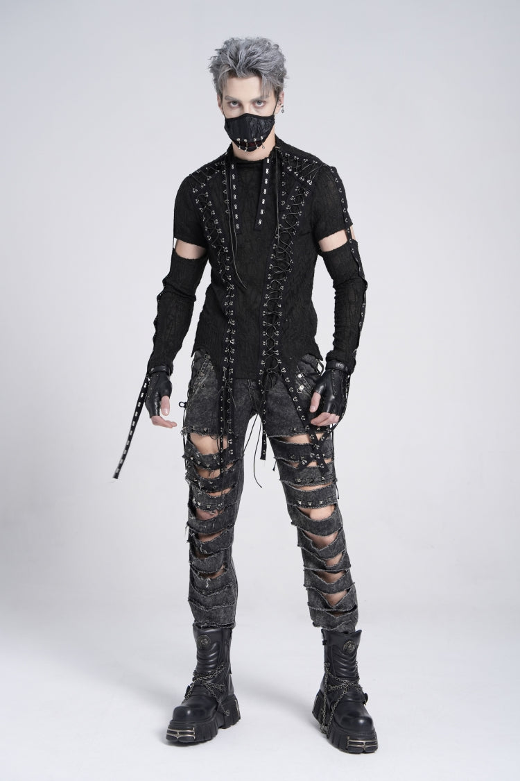 Black Long Sleeves Strap Lace-up Irregular Mesh Gothic T-shirt
