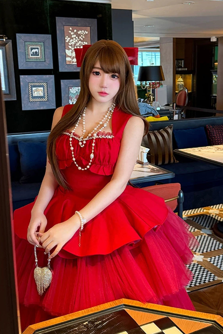 Red [romantic Rose] Square Collar Sleeveless Ruffled Classic Ballet Lolita Dress