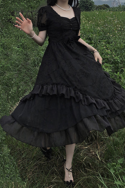 French Print Multi-layer Ruffled Short Sleeve Classic Lolita Dress