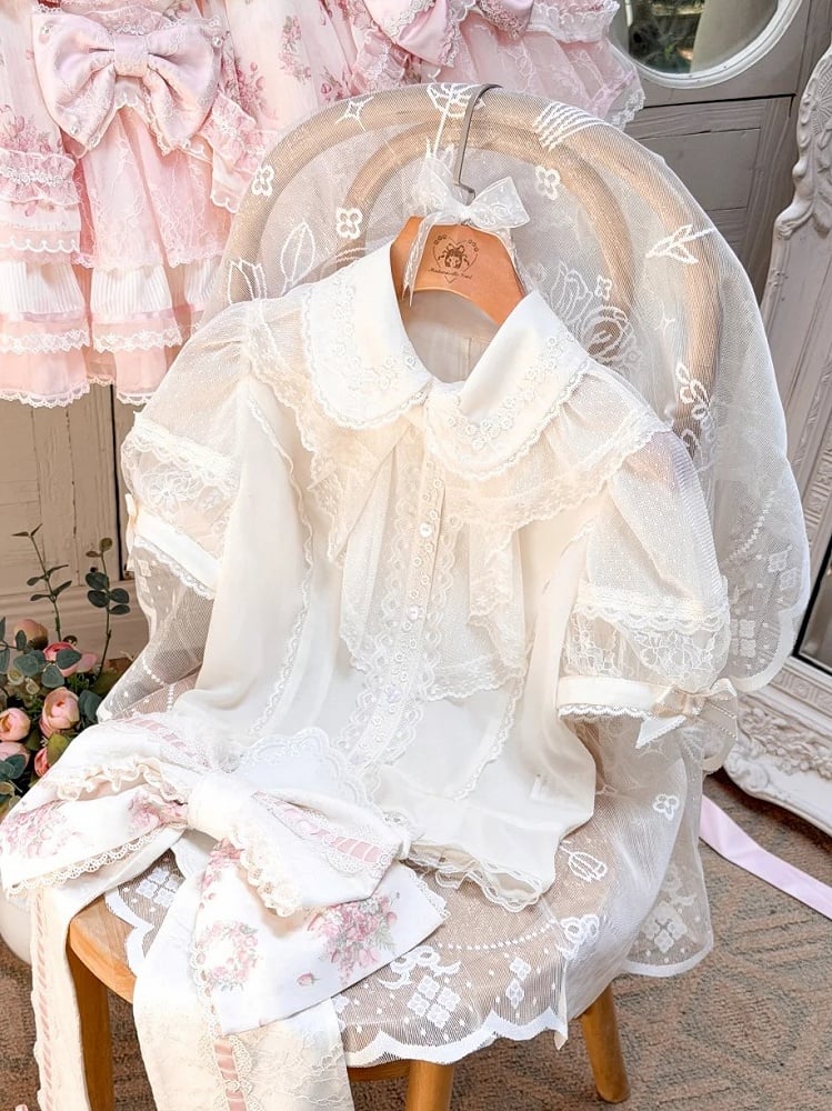 [pre-order Deadline: May 8] Sweet Lace Ribbon Layered Ruffle Blouse
