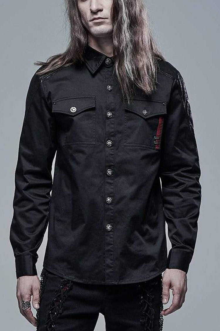 Black Punk Ribbon Decoration Front Metal Skull Button Spliced Shirt