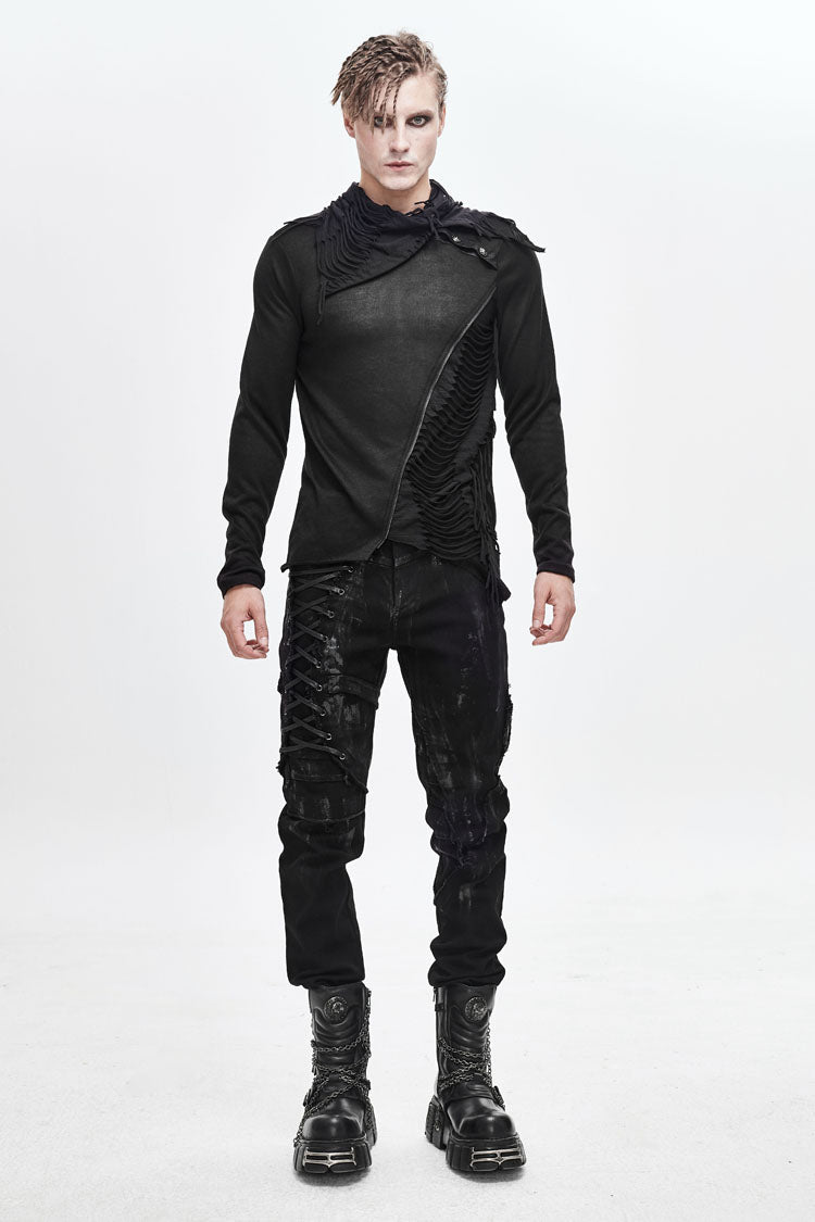 Black Ragged Turn-down Collar Woolen Long Sleeve Irregular Hem Punk T-shirt