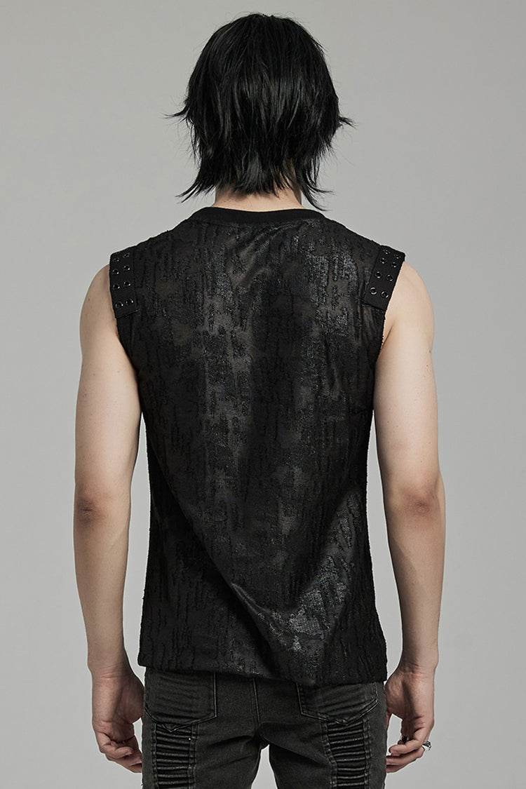 Black Round Collar Sleeveless Print Ripped Distressed Eyelet Gothic Tank Top