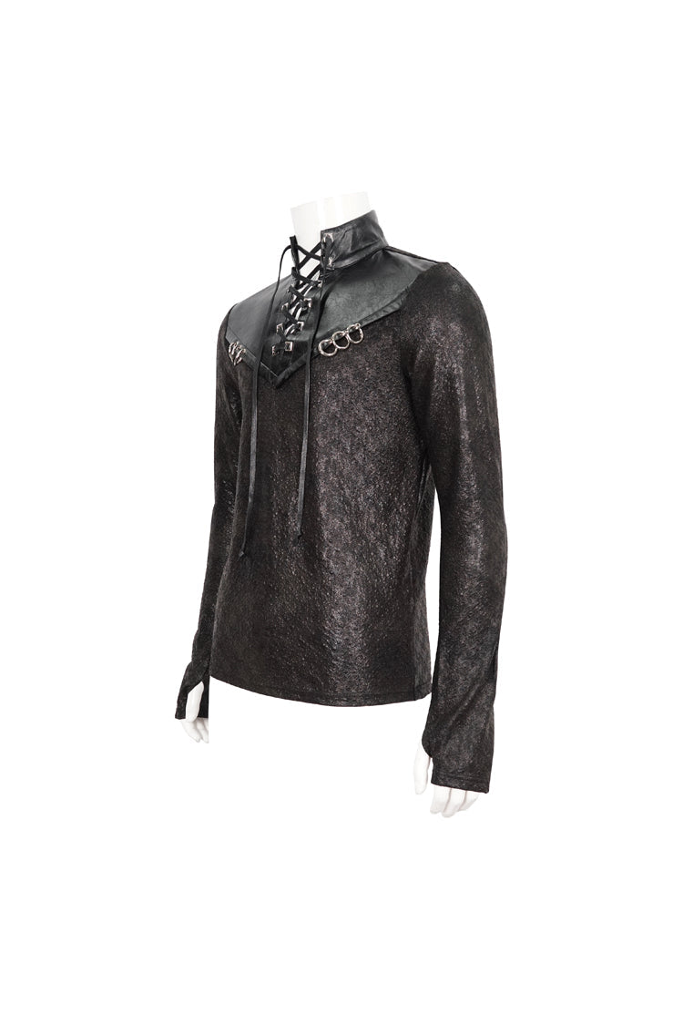 Black Stand Collar Long Sleeves Faux Leather Splice Gothic Shirt