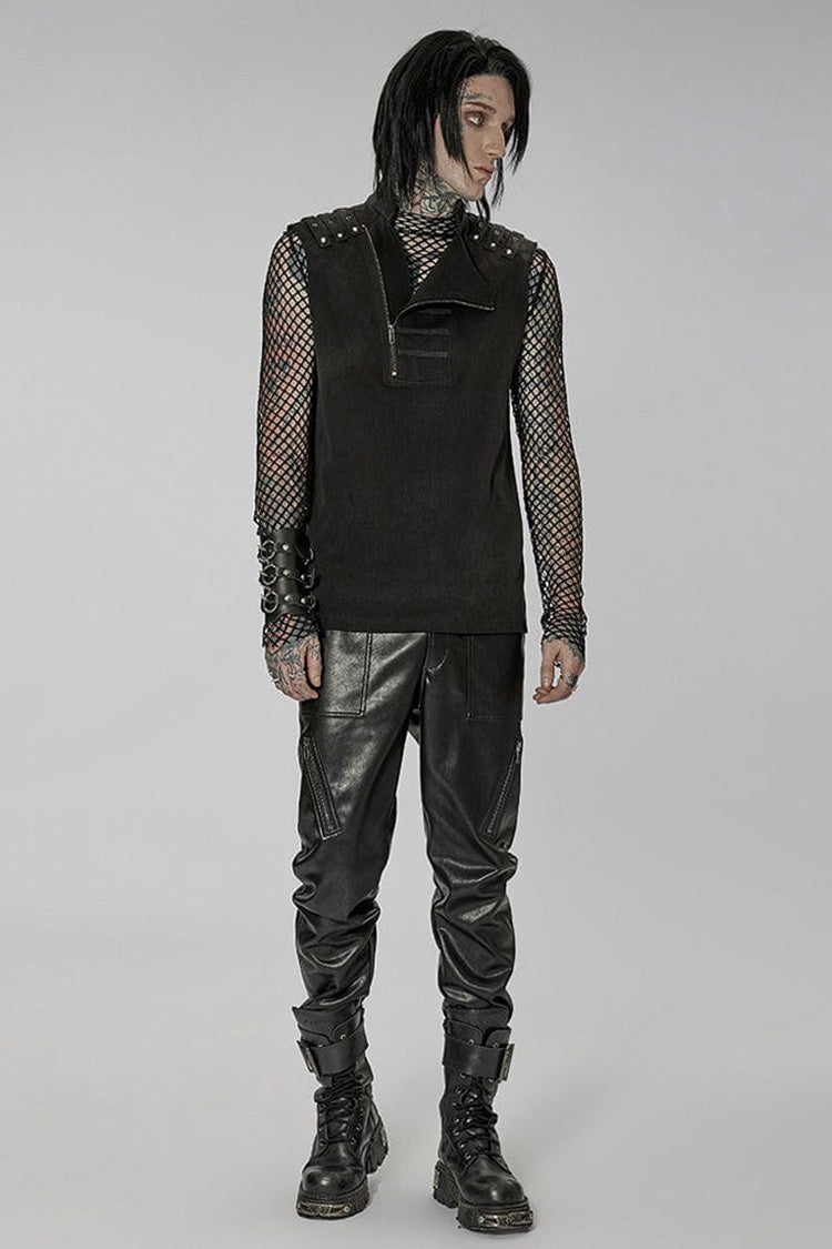 Black Punk Stand Collar Anterior Middle Asymmetry Design Zipper Shoulder Decorate Webbing Vest