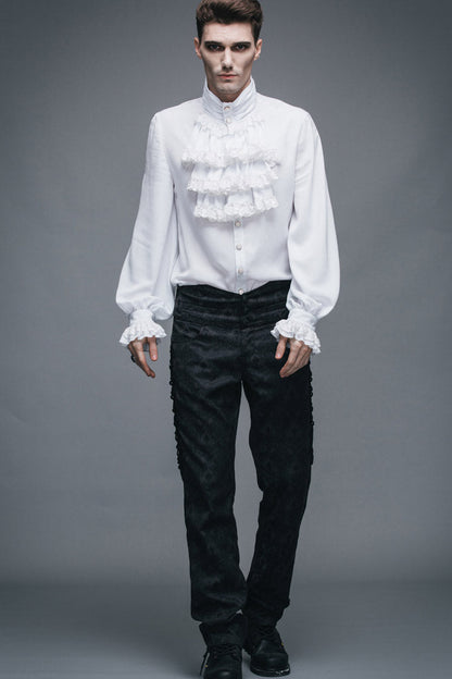 White Ruffled Lace Button-up Micro-bullet Chiffon Long Sleeve Gothic Shirt