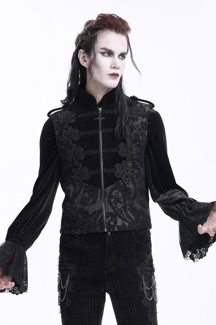 Black Stand Collar Sleeveless Crochet Zipper Gothic Vest