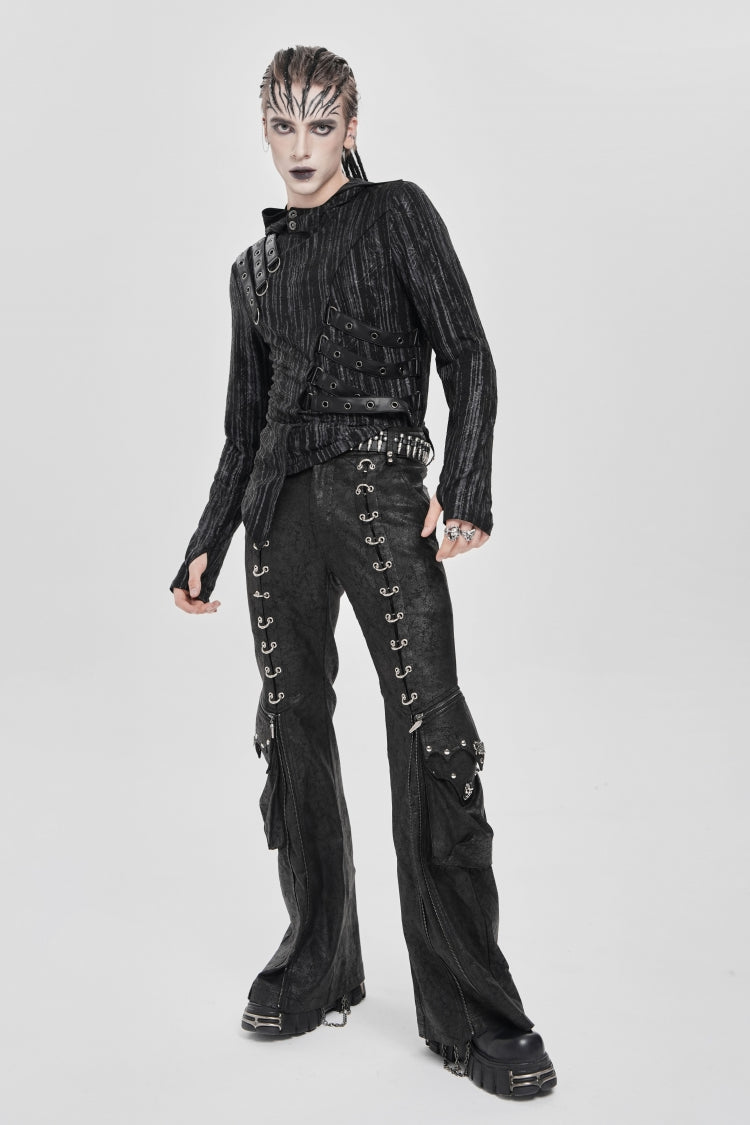 Black Long Sleeves Irregular Hooded Straps Eyelet Punk Blouse