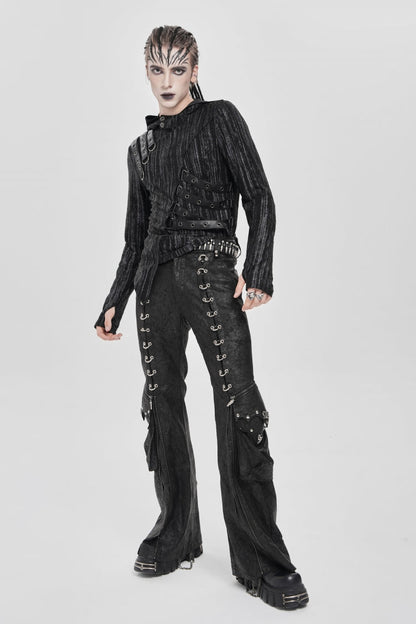 Black Long Sleeves Irregular Hooded Straps Eyelet Punk Blouse