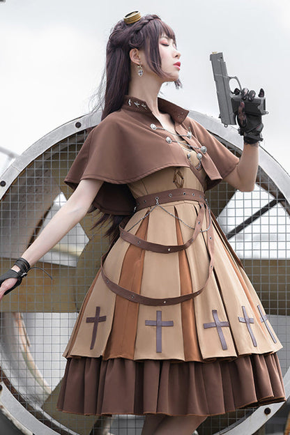 Brown Retro Military Style Dawn Classic Lolita Jsk Dress Full Set