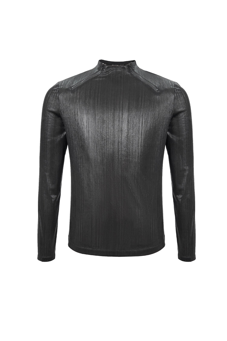 Black Zipper Neckline Long Sleeves Slim Steampunk Top