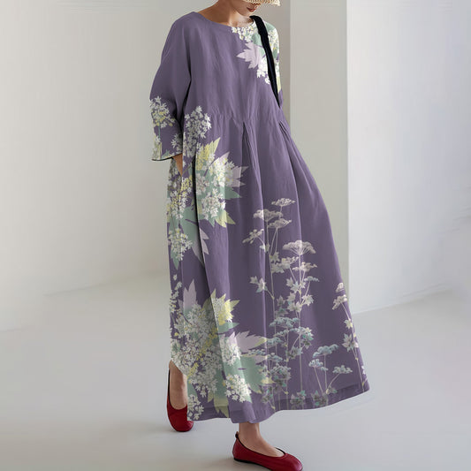 Women's Vintage Japanese Flower Art Print Loose Midi Dress elevenforest