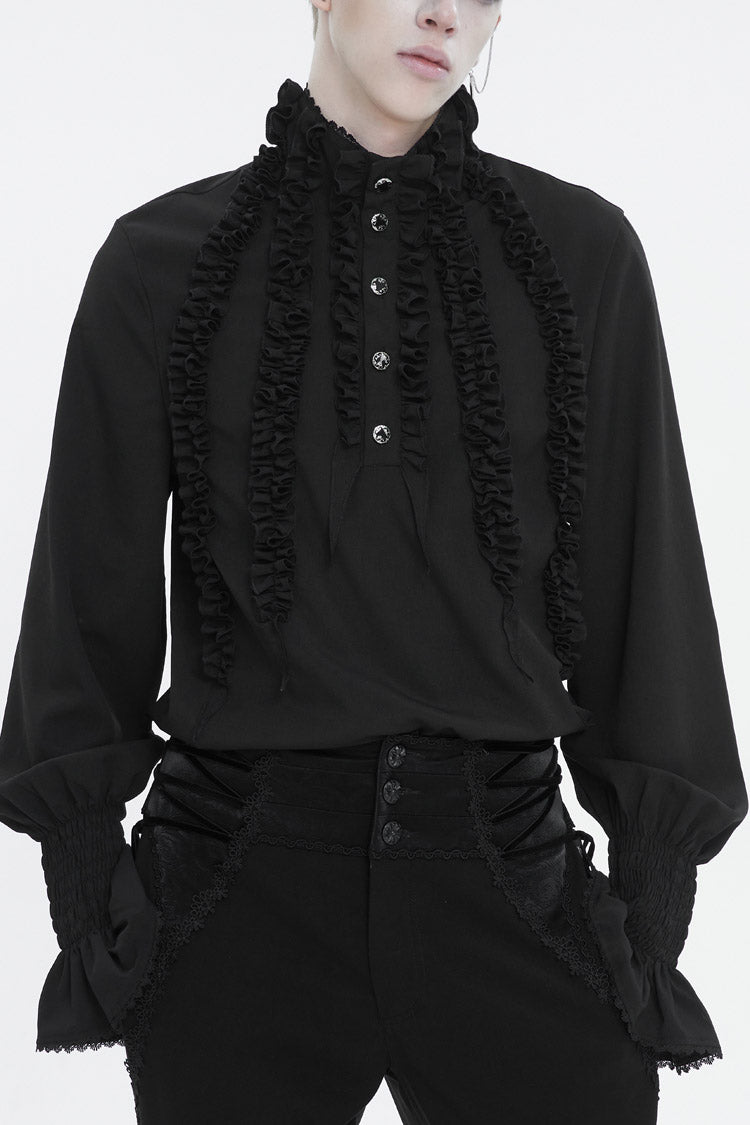 Black Irregular Stand Collar Puff Sleeved Ruffled Gothic Shirt