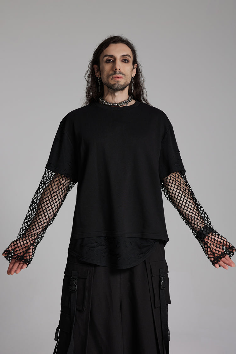 Black Round Collar Long Sleeves Mesh Ripped Punk T-shirt