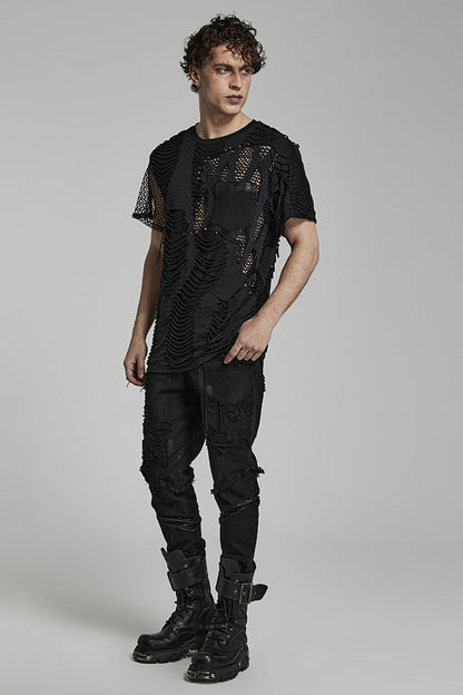 Black Short Sleeves Stitching Mesh Ripped Punk T-shirt
