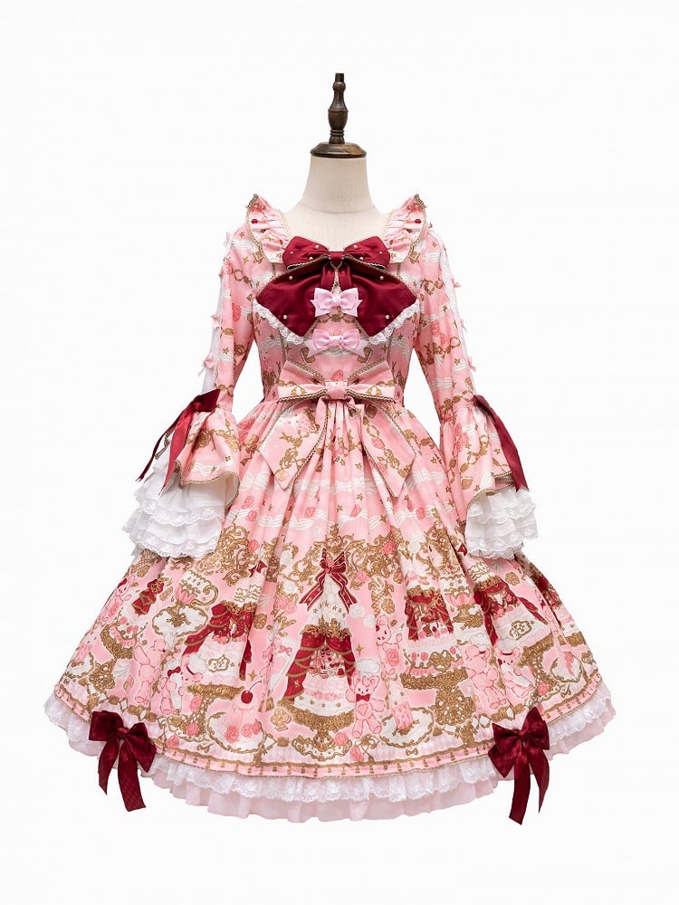 [pre-order Deadline: April 26] Retro Romance Sweet Lolita Ribbon Cake Print Princess Sleeve Dress