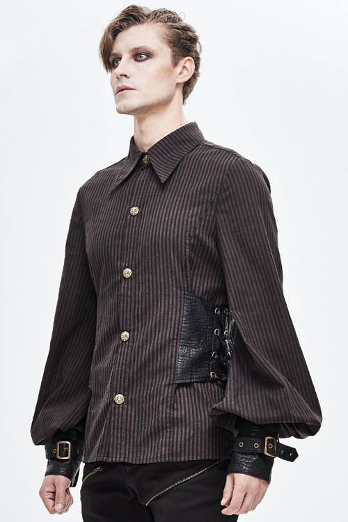Brown Striped Waist Cuff Leather Punk Blouse