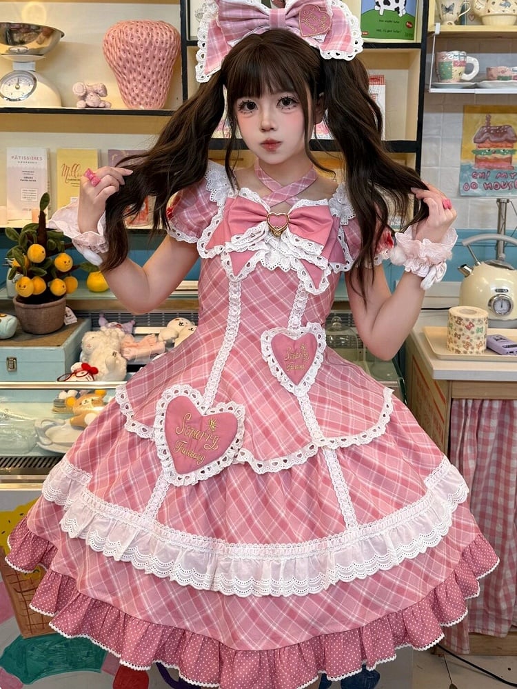 [pre-order Deadline: May 10] Blue/yellow/pink Sweetheart Lolita Ribbon Puff Sleeve Tiered Dress + Bunny Ear Full Set + Cat Ear Full Set