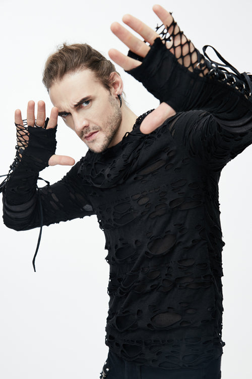 Black Ripped Finger Covered Autumn Hooded Punk T-shirt