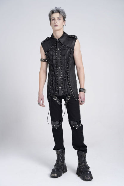 Black Sleeveless Studded Lace-up Gothic Blouse