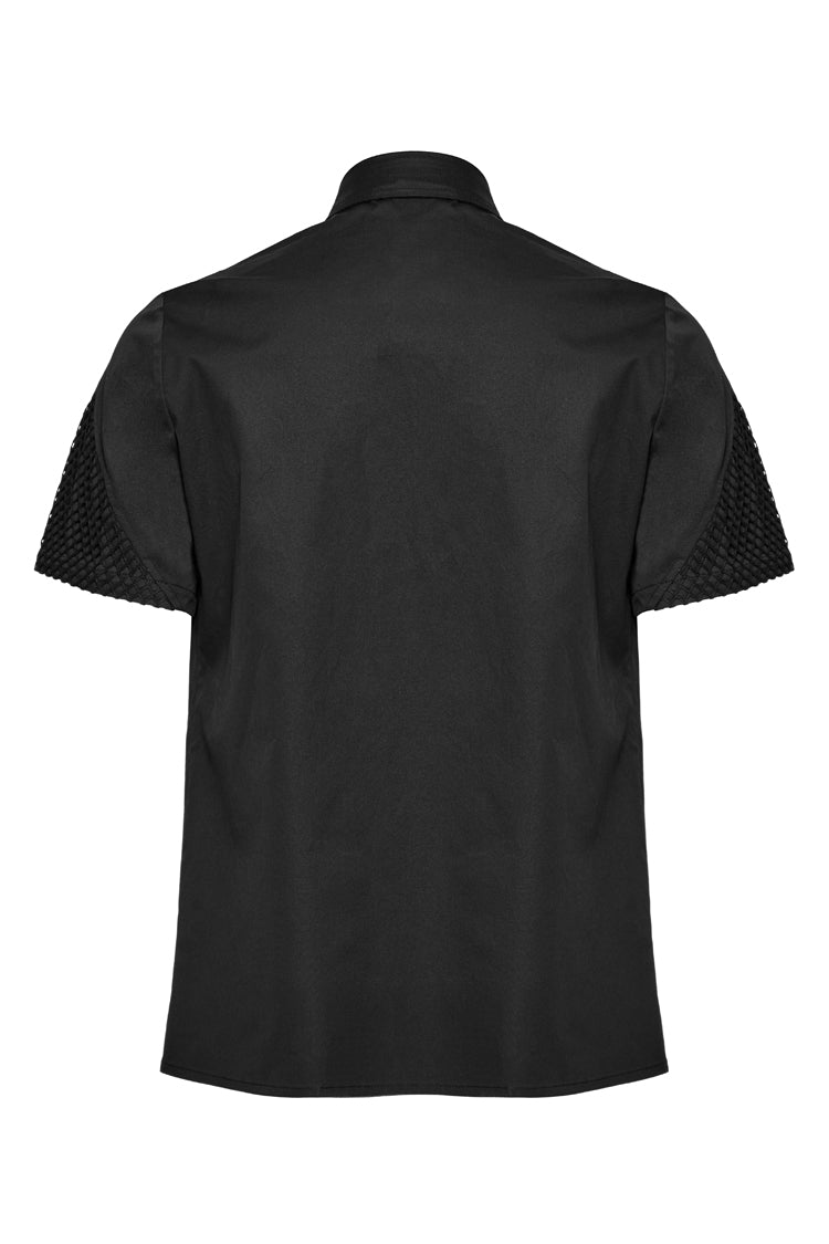 Black Lapel Collar Short Sleeves Mesh Stitching Punk Blouse