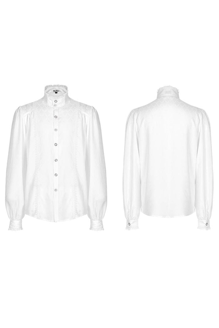 White Punk Turtleneck Dragon Scale Jacquard Long Lantern Sleeves Lace Edge Shirt