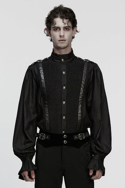 Black Stand Collar Long Puff Sleeves Ruffle Pleated Gothic Blouse