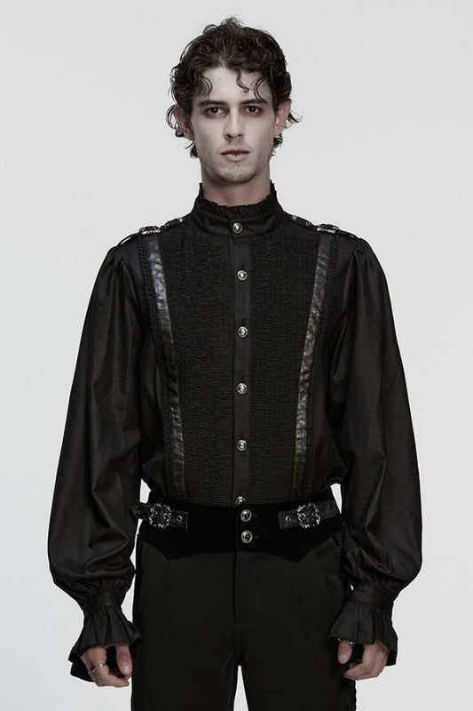 Black Stand Collar Long Puff Sleeves Ruffle Pleated Gothic Blouse