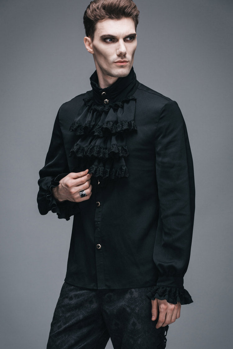 Black Ruffled Lace Button-up Micro-bullet Chiffon Long Sleeve Gothic Shirt