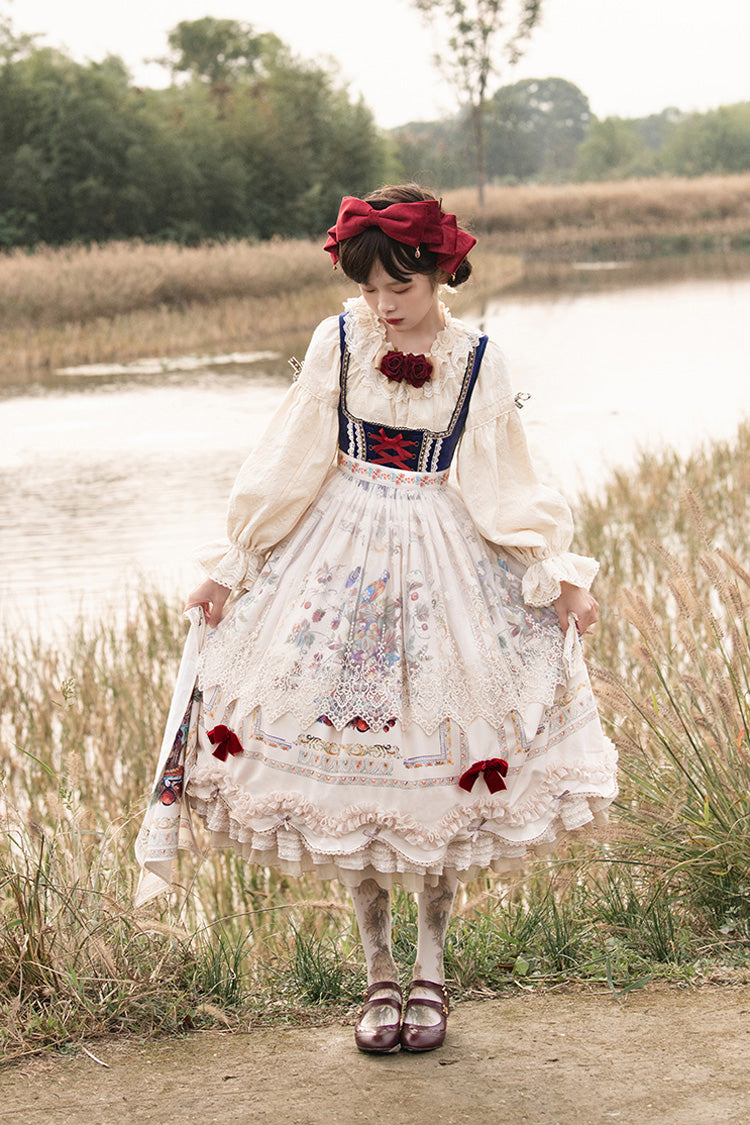 Ivory [ode to Plenty] Berries and Birds Print Ruffle Bowknot Velvet Classic Lolita Breast Support Jsk Dress