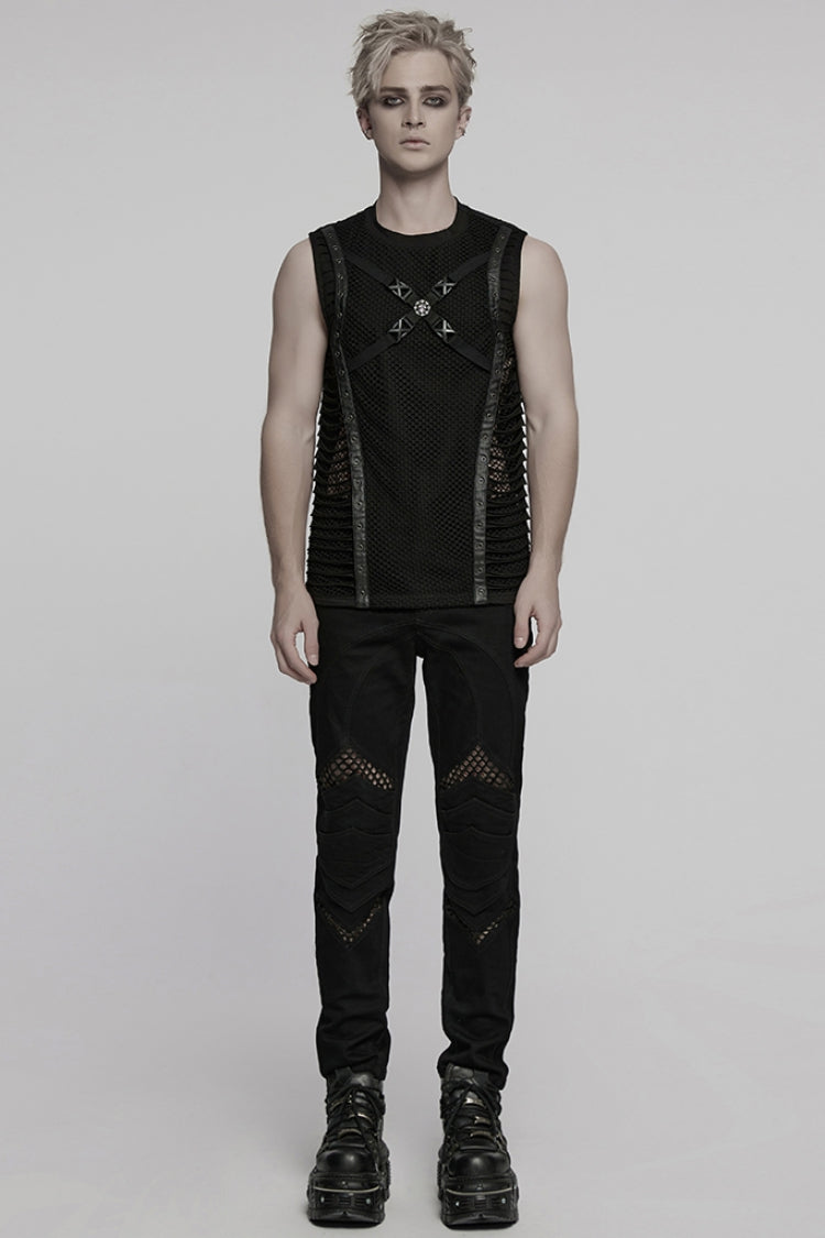 Black Round Collar Sleeveless Stitching Mesh Buckle Punk Vest