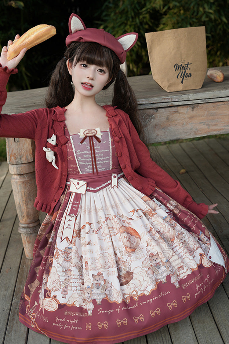 Wine Red [fox Band] Print Square Collar Bowknot Classic Lolita Jumper Dress