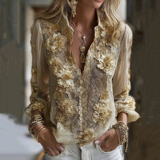 Women's Classic Bohemian Yellow Floral And Gold Roses Embroidery Art Long Sleeve Linen Blend Half-collar T-shirt elevenforest