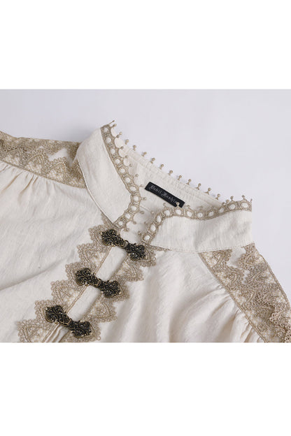 Beige Stand Collar Lantern Sleeves Multi-layer Ruffle Gothic Blouse