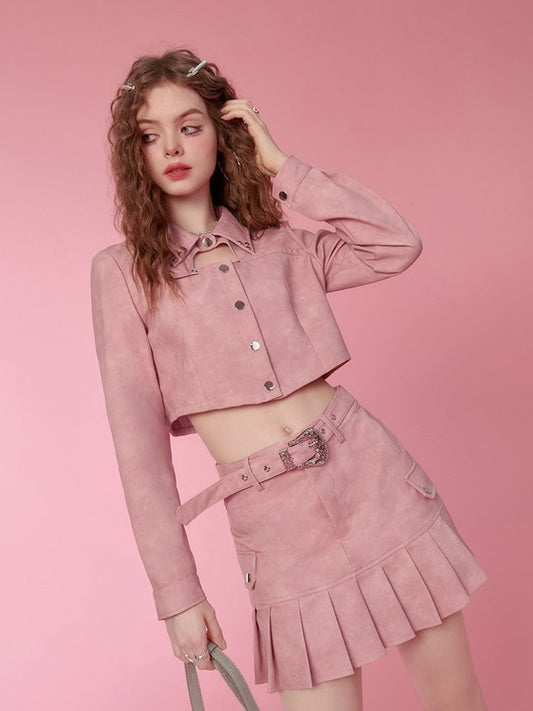 Leather Short Jacket + Leather Pleated Skirt