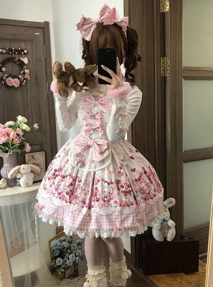 [pre-order Deadline: May 5] Pink Cherry Print Lace Ribbon Bunny Ear Apron Jsk Dress + Accessories