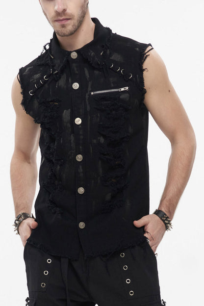 Black Punk Standing Collar Irregular Hand-painted Sleeveless Metal Decoration Tattered Shirt