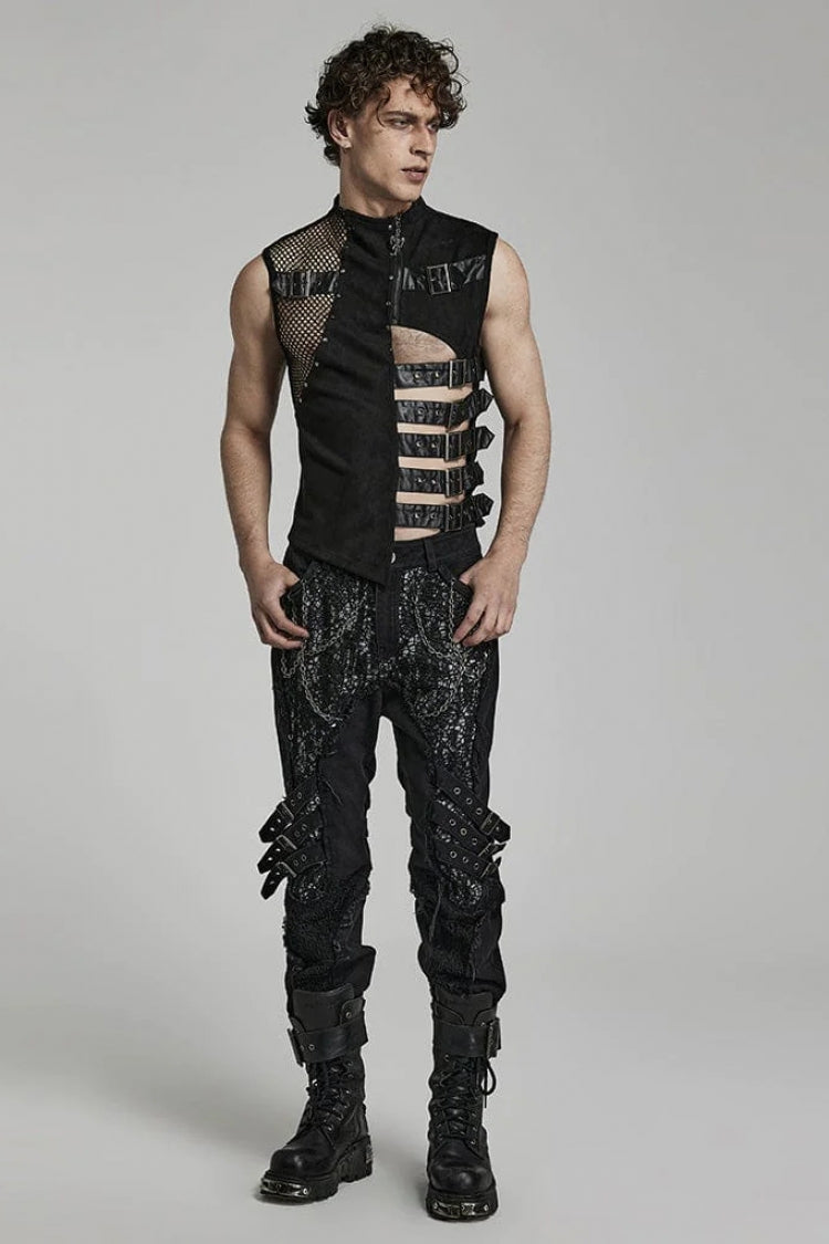 Black Sleeveless Hollow Suede Leather Stitching Irregular Gothic Vest