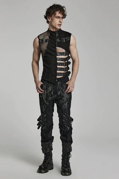 Black Sleeveless Hollow Suede Leather Stitching Irregular Gothic Vest