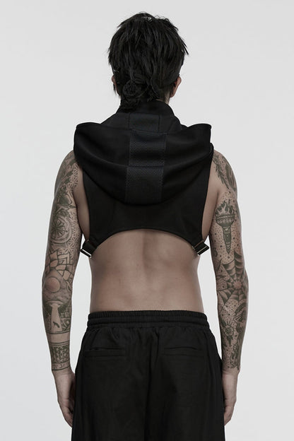 Black Stand Collar Sleeveless Hooded Zipper Punk Vest