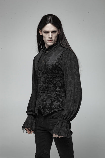 Black Retro Jacquard Front Woven Strap Metal Button Gothic Vest