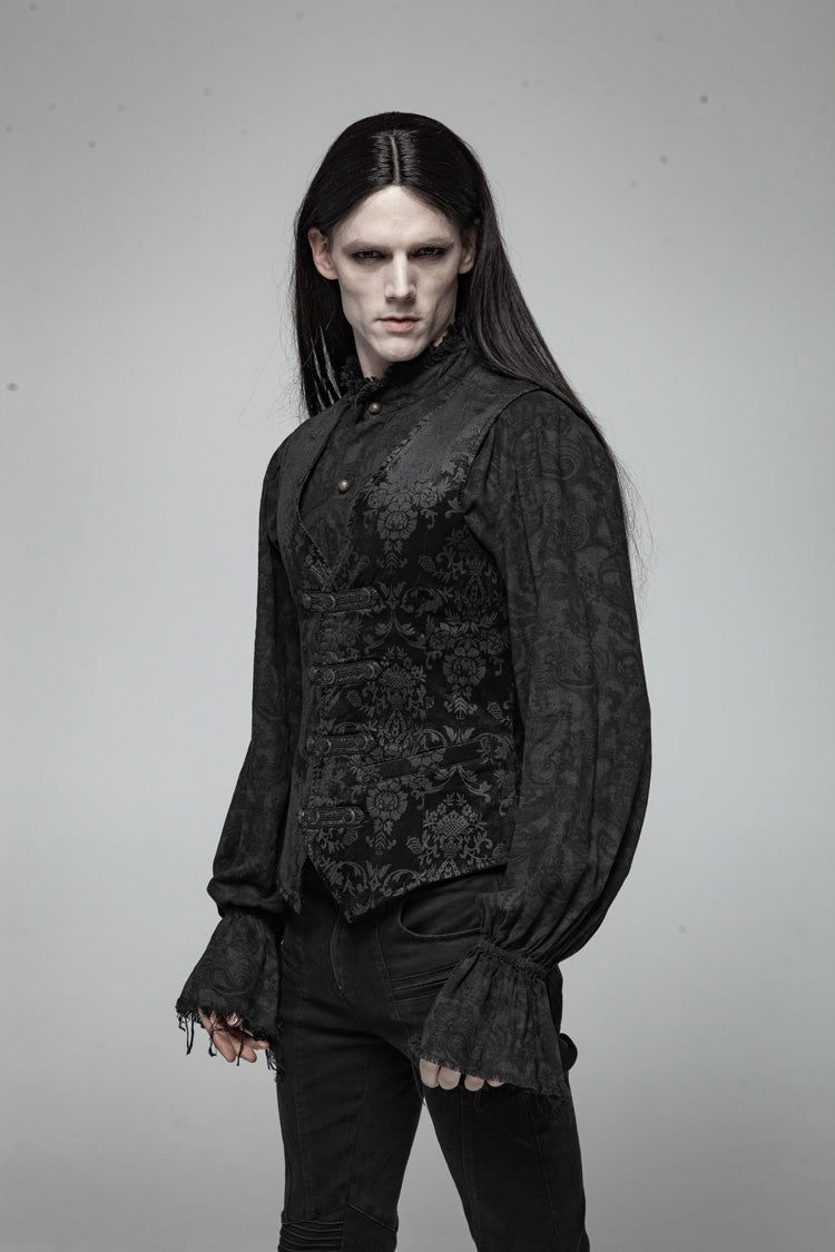 Black Retro Jacquard Front Woven Strap Metal Button Gothic Vest