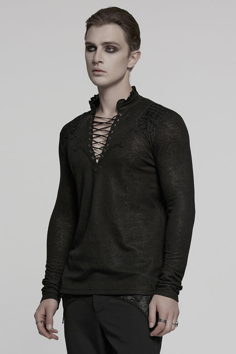 Black V Collar Long Sleeves Jacquard Embroidery Gothic Blouse
