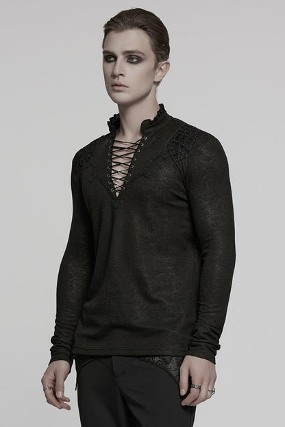 Black V Collar Long Sleeves Jacquard Embroidery Gothic Blouse